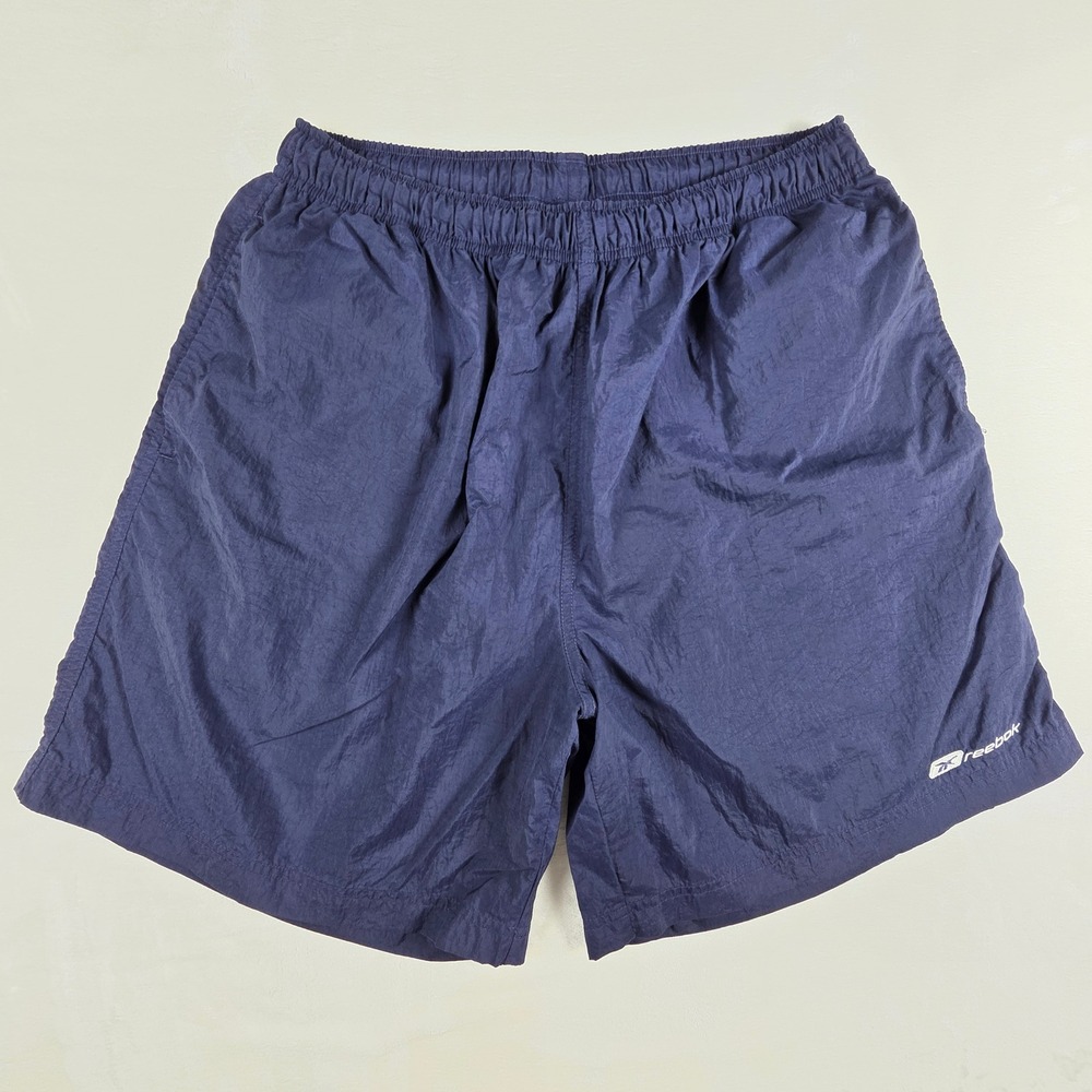 Vintage Reebok Men's Large Navy Nylon Mesh Lined Athletic Shorts 90s Logo Track